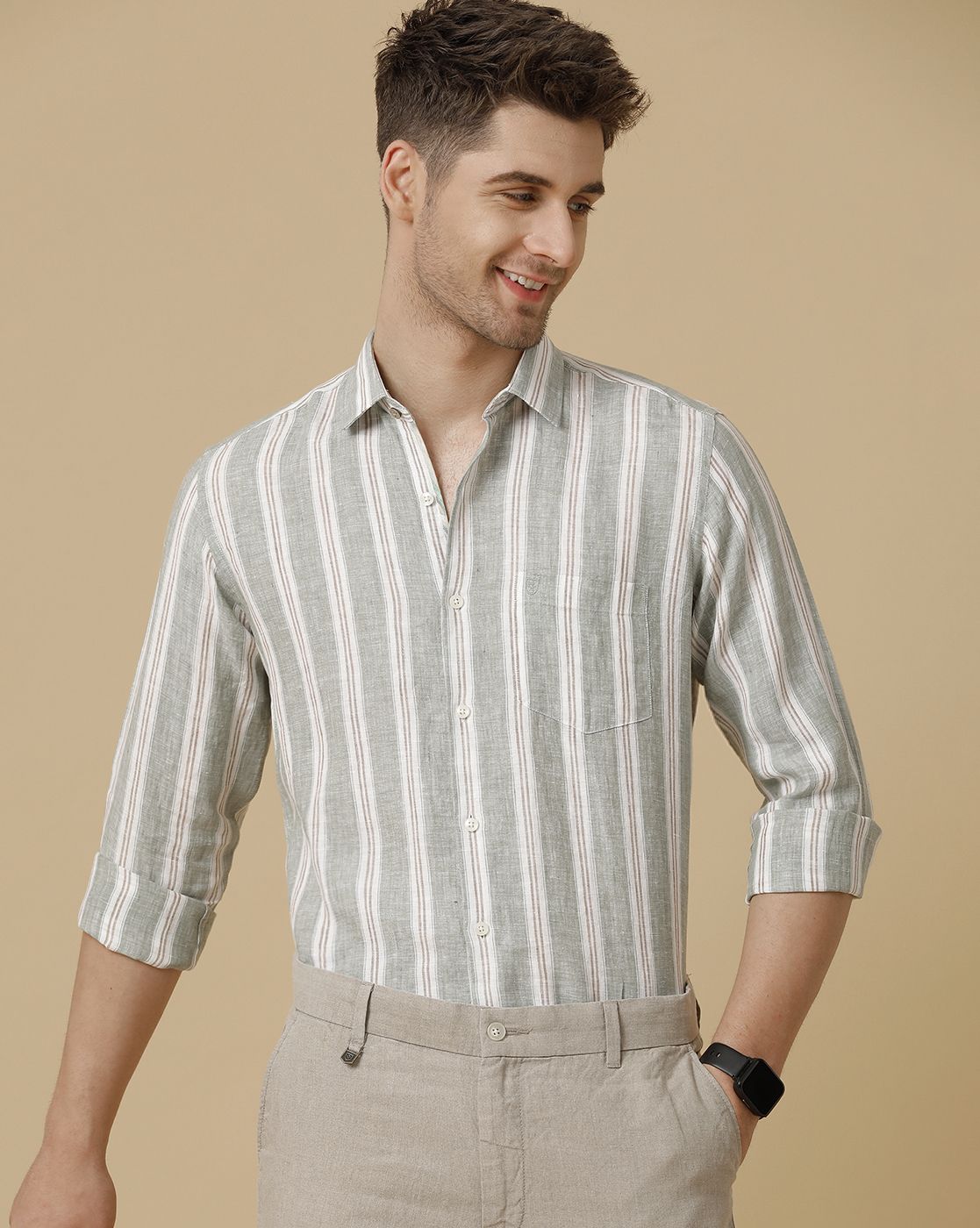 Men's Pure Linen Green Striped Contemporary Fit Full Sleeve Sleeve Casual Shirt
