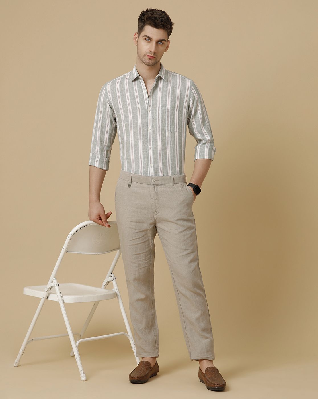 Men's Pure Linen Green Striped Contemporary Fit Full Sleeve Sleeve Casual Shirt