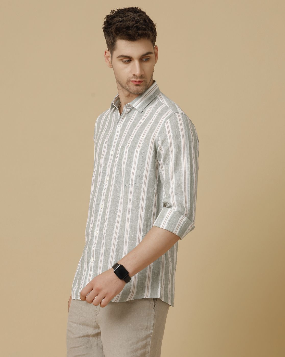 Men's Pure Linen Green Striped Contemporary Fit Full Sleeve Sleeve Casual Shirt