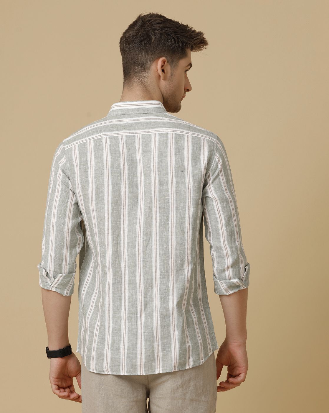 Men's Pure Linen Green Striped Contemporary Fit Full Sleeve Sleeve Casual Shirt