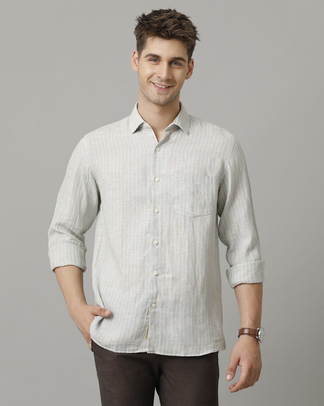 Men's Pure Linen Grey Striped Contemporary Fit Full Sleeve Sleeve Casual Shirt