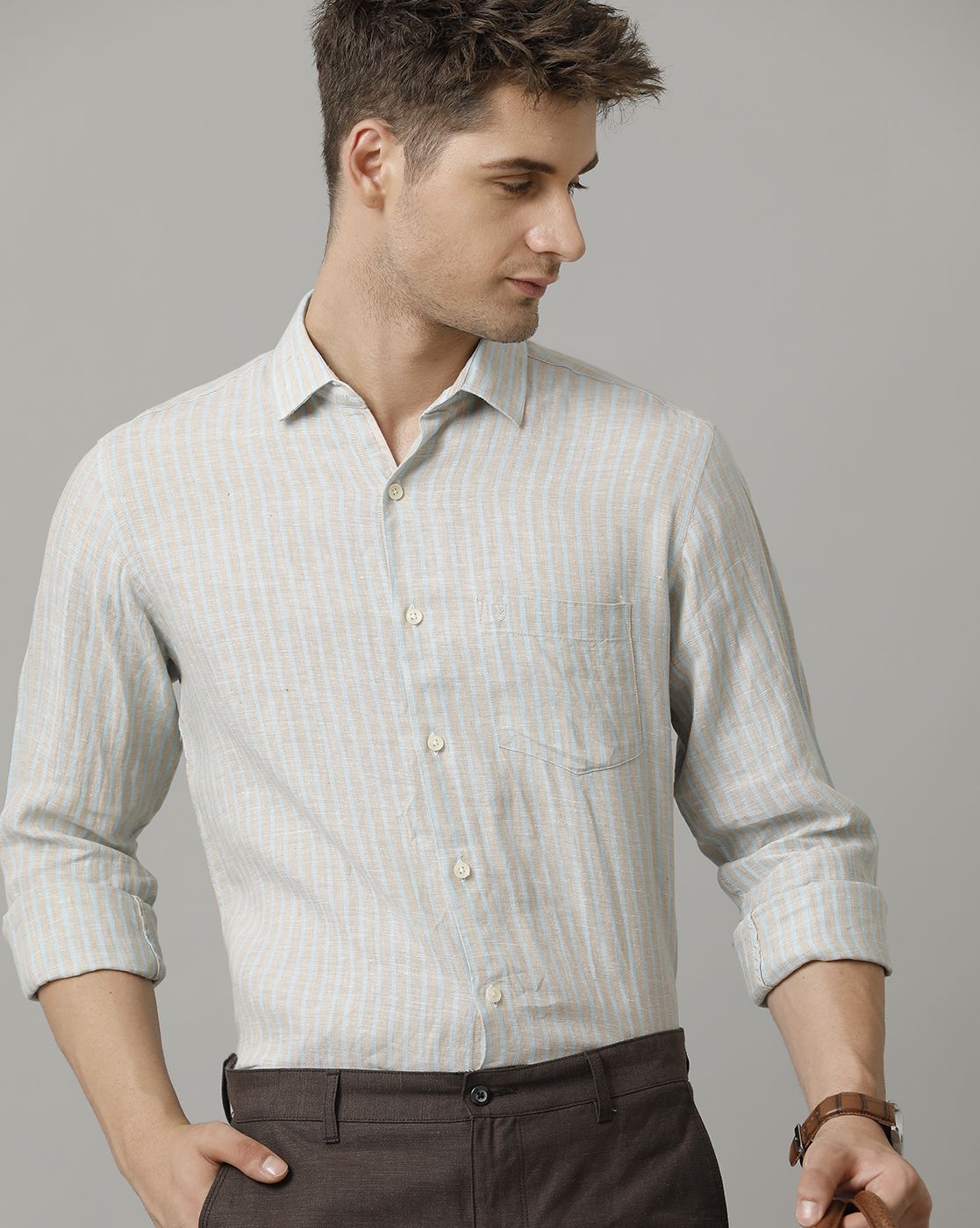Men's Pure Linen Grey Striped Contemporary Fit Full Sleeve Sleeve Casual Shirt