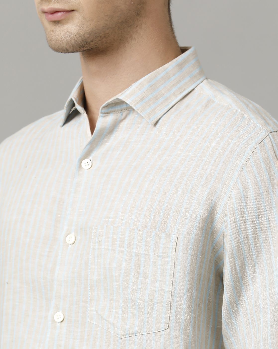 Men's Pure Linen Grey Striped Contemporary Fit Full Sleeve Sleeve Casual Shirt