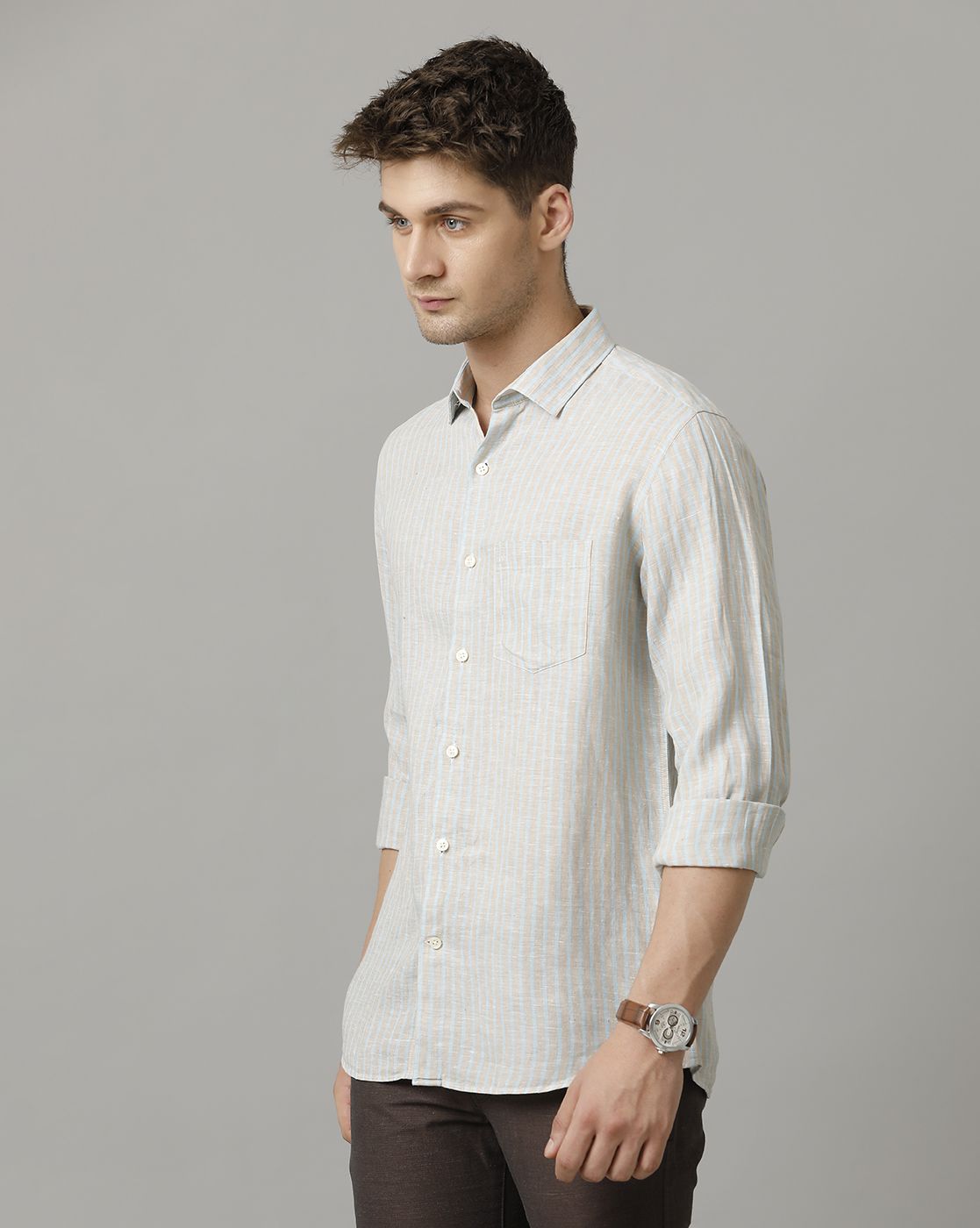Men's Pure Linen Grey Striped Contemporary Fit Full Sleeve Sleeve Casual Shirt
