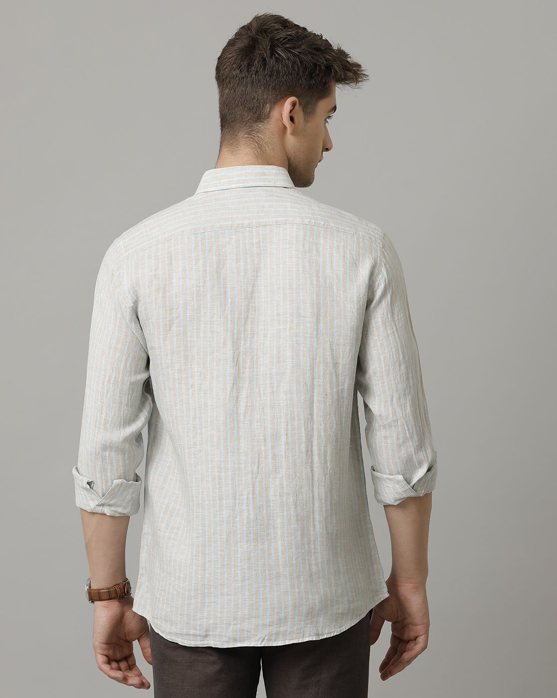 Men's Pure Linen Grey Striped Contemporary Fit Full Sleeve Sleeve Casual Shirt