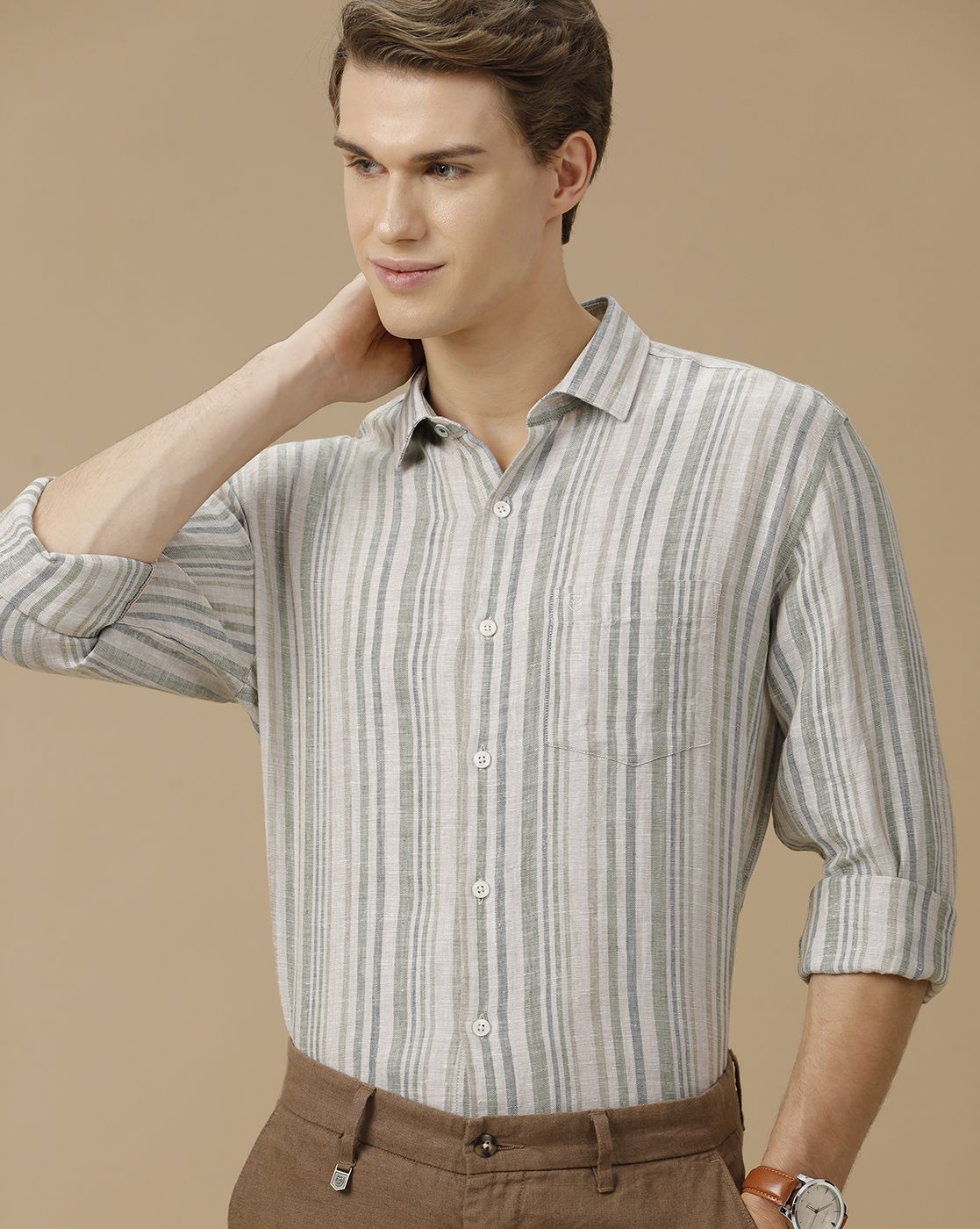 Men's Pure Linen Green Striped Contemporary Fit Full Sleeve Casual Shirt