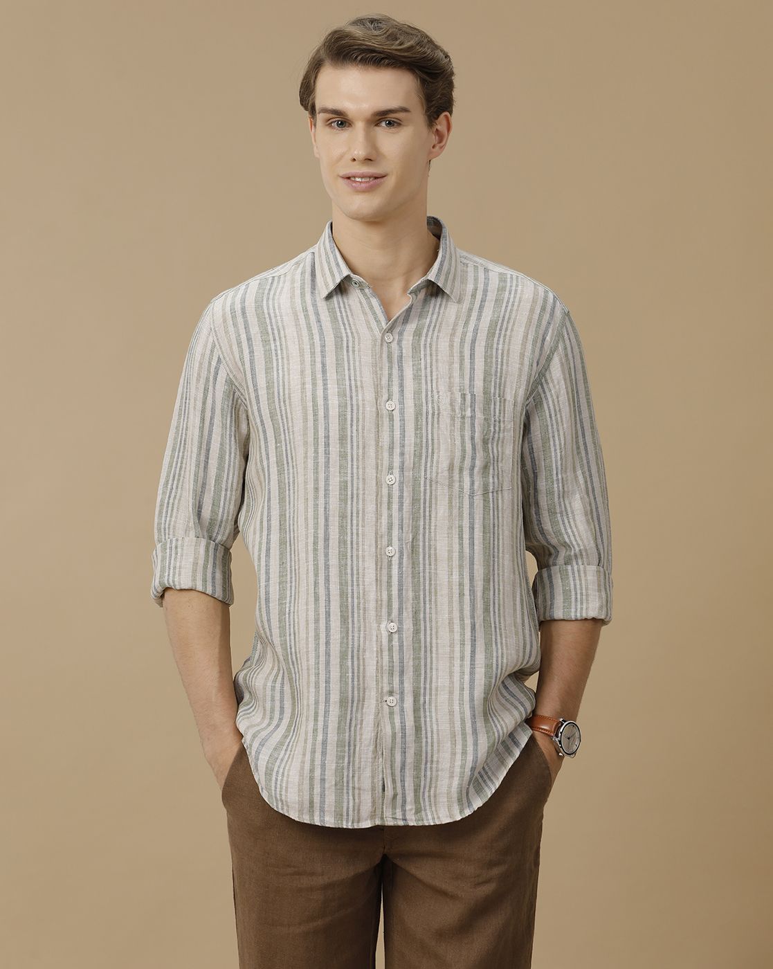 Men's Pure Linen Green Striped Contemporary Fit Full Sleeve Casual Shirt