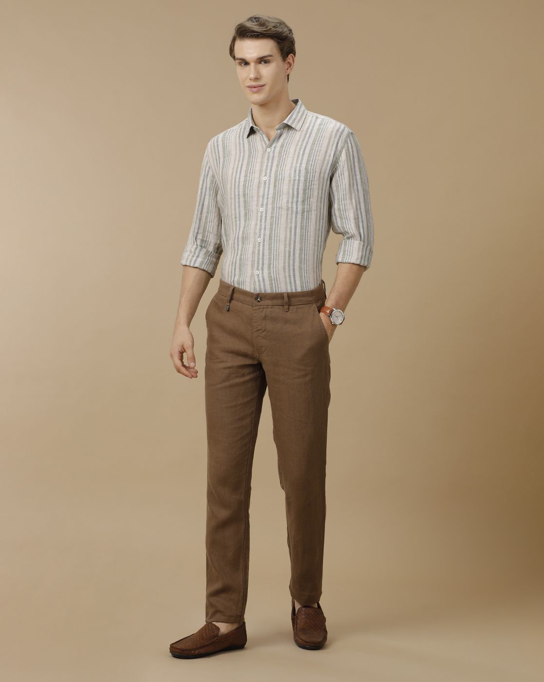 Men's Pure Linen Green Striped Contemporary Fit Full Sleeve Casual Shirt