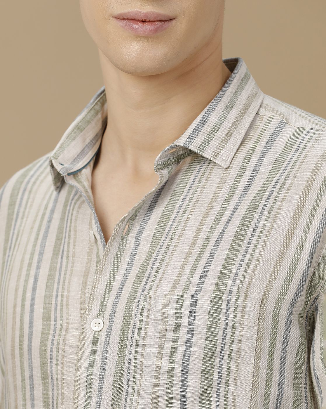 Men's Pure Linen Green Striped Contemporary Fit Full Sleeve Casual Shirt
