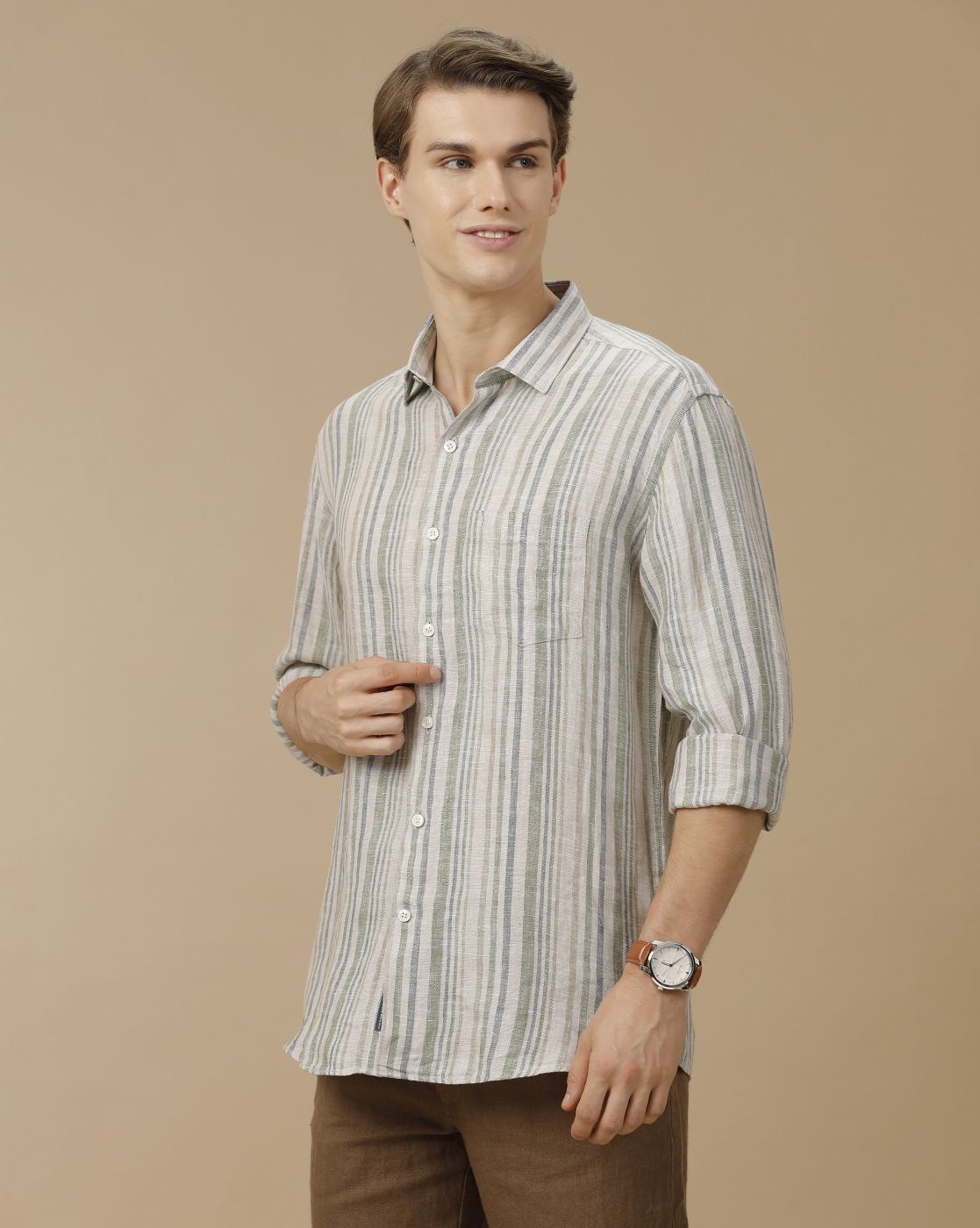 Men's Pure Linen Green Striped Contemporary Fit Full Sleeve Casual Shirt