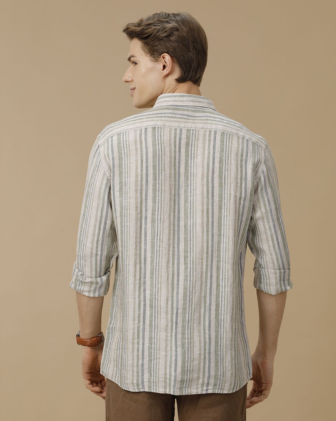 Men's Pure Linen Green Striped Contemporary Fit Full Sleeve Casual Shirt
