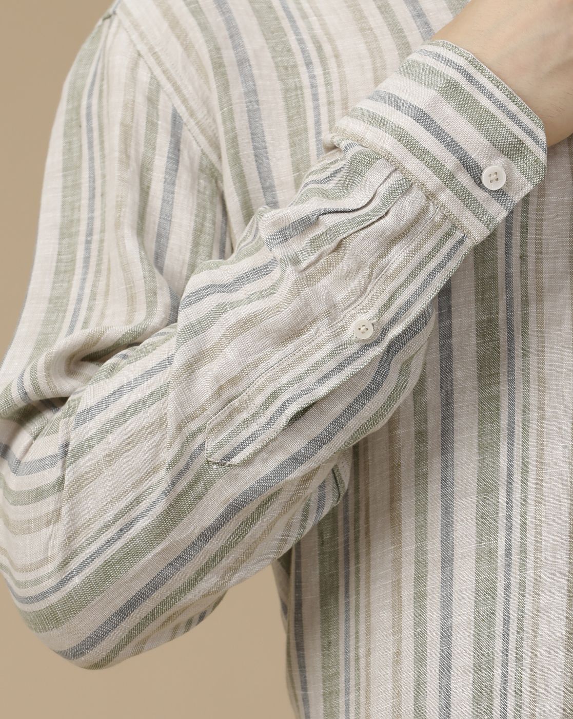 Men's Pure Linen Green Striped Contemporary Fit Full Sleeve Casual Shirt