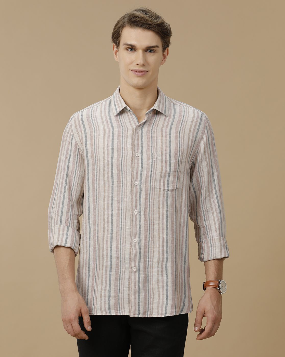Men's Pure Linen Brown Striped Contemporary Fit Full Sleeve Casual Shirt
