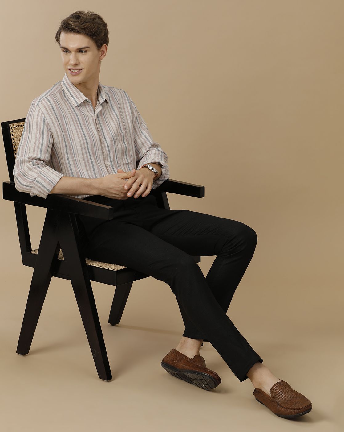 Men's Pure Linen Brown Striped Contemporary Fit Full Sleeve Casual Shirt