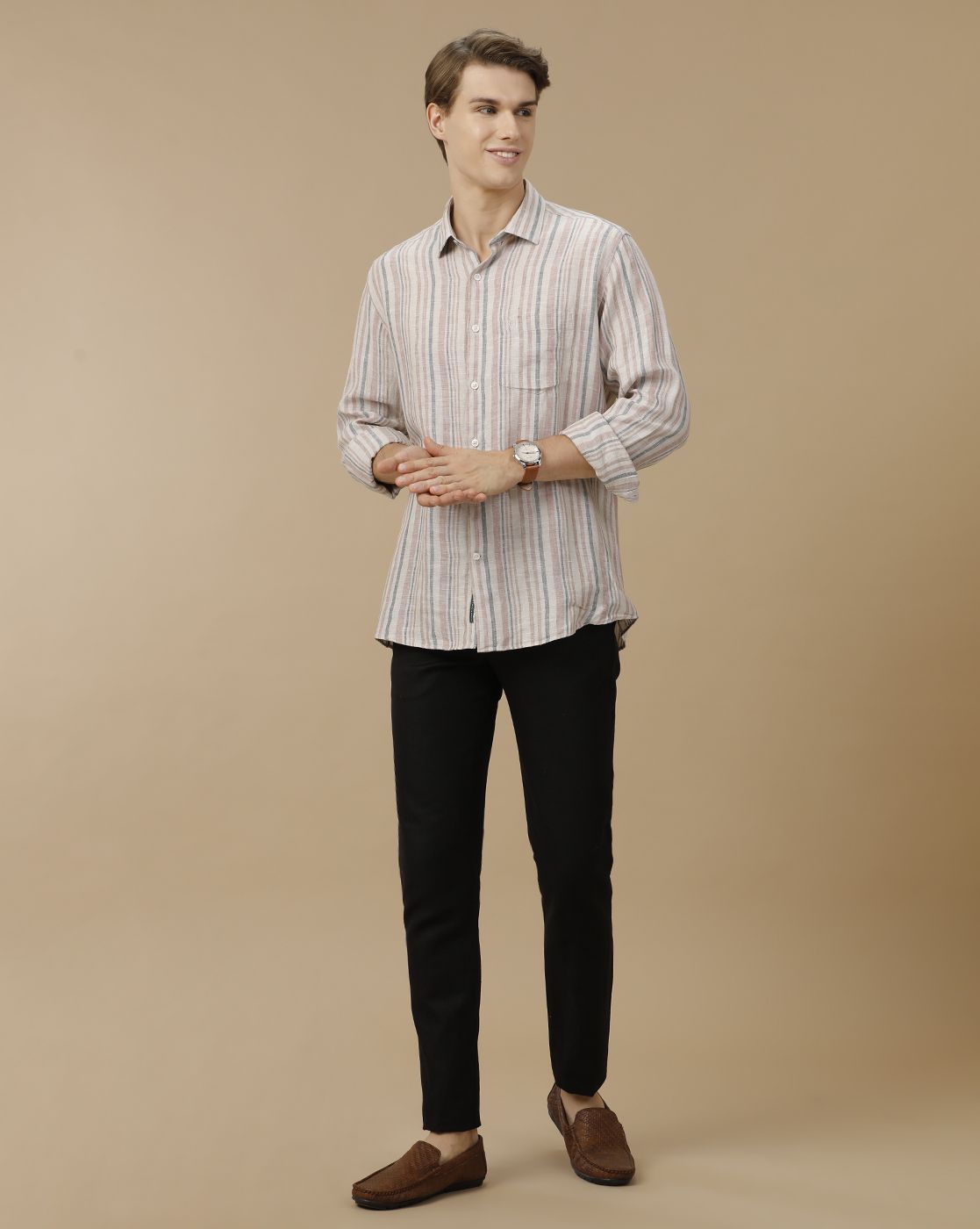 Men's Pure Linen Brown Striped Contemporary Fit Full Sleeve Casual Shirt