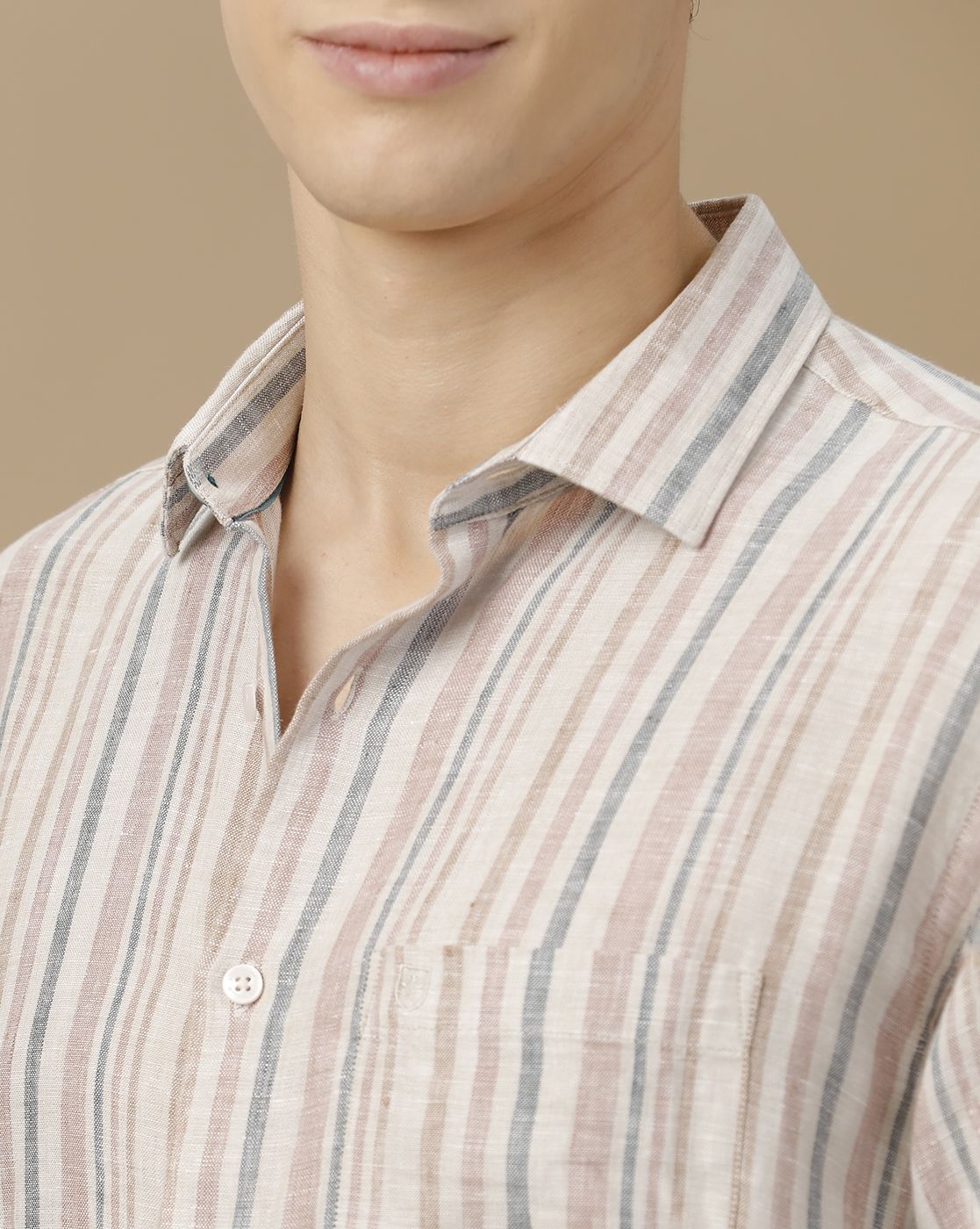 Men's Pure Linen Brown Striped Contemporary Fit Full Sleeve Casual Shirt