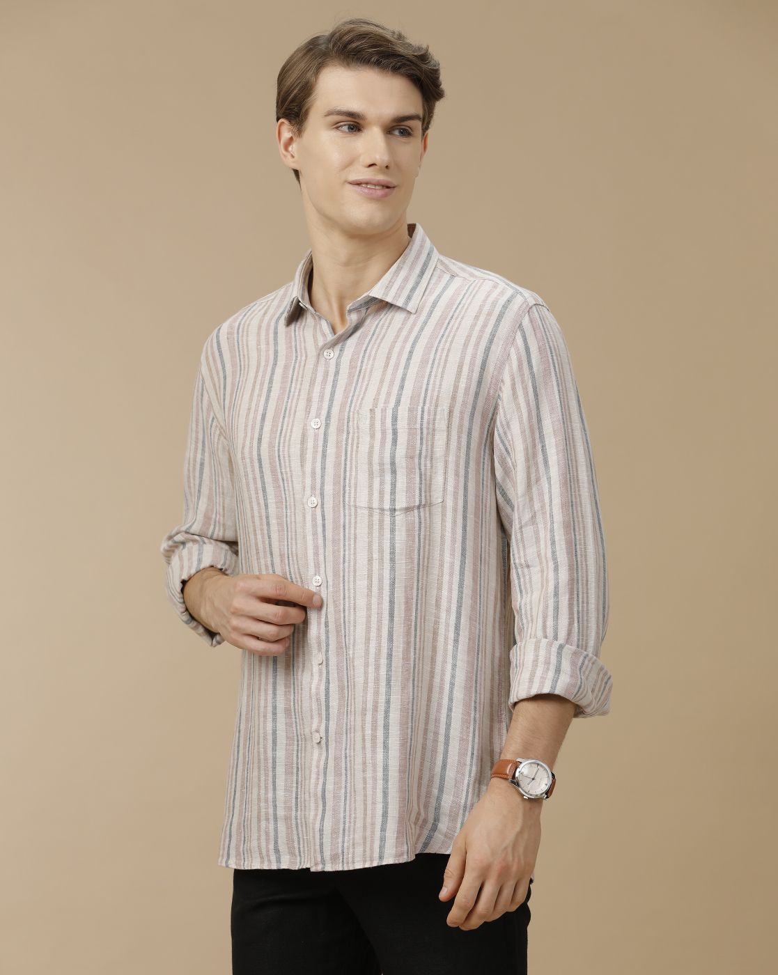 Men's Pure Linen Brown Striped Contemporary Fit Full Sleeve Casual Shirt