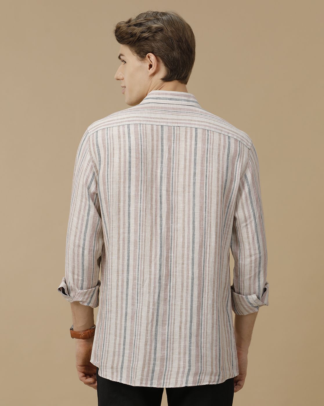 Men's Pure Linen Brown Striped Contemporary Fit Full Sleeve Casual Shirt
