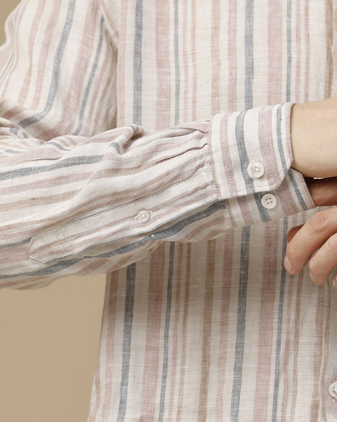Men's Pure Linen Brown Striped Contemporary Fit Full Sleeve Casual Shirt