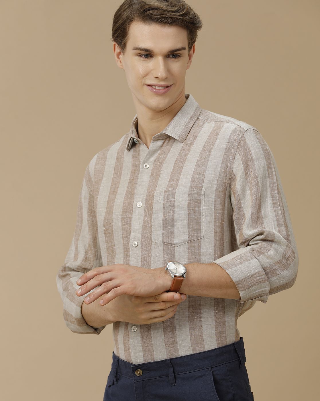 Men's Pure Linen Brown Striped Contemporary Fit Full Sleeve Casual Shirt