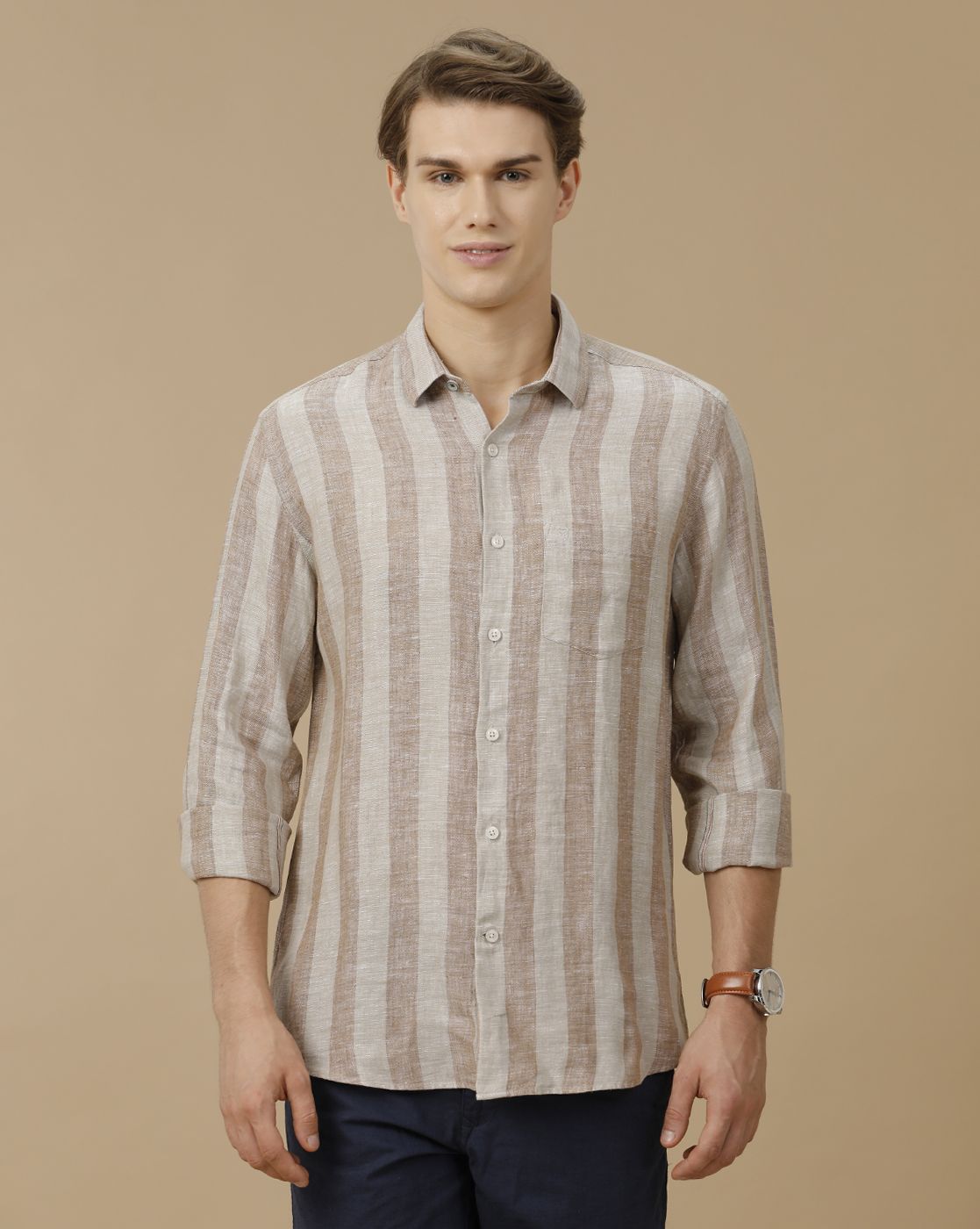 Men's Pure Linen Brown Striped Contemporary Fit Full Sleeve Casual Shirt