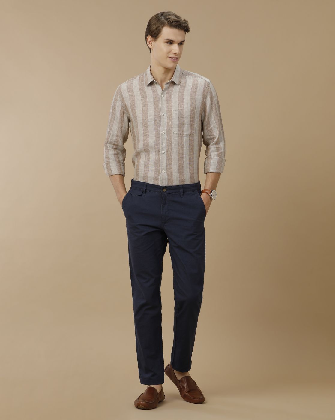 Men's Pure Linen Brown Striped Contemporary Fit Full Sleeve Casual Shirt