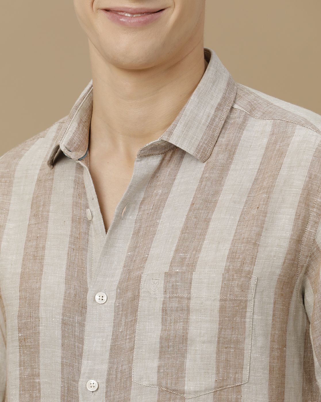 Men's Pure Linen Brown Striped Contemporary Fit Full Sleeve Casual Shirt