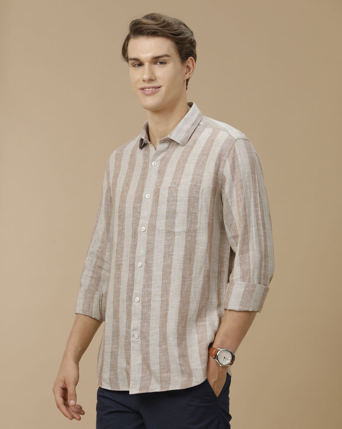 Men's Pure Linen Brown Striped Contemporary Fit Full Sleeve Casual Shirt