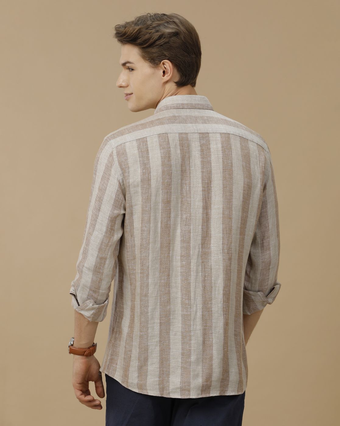 Men's Pure Linen Brown Striped Contemporary Fit Full Sleeve Casual Shirt