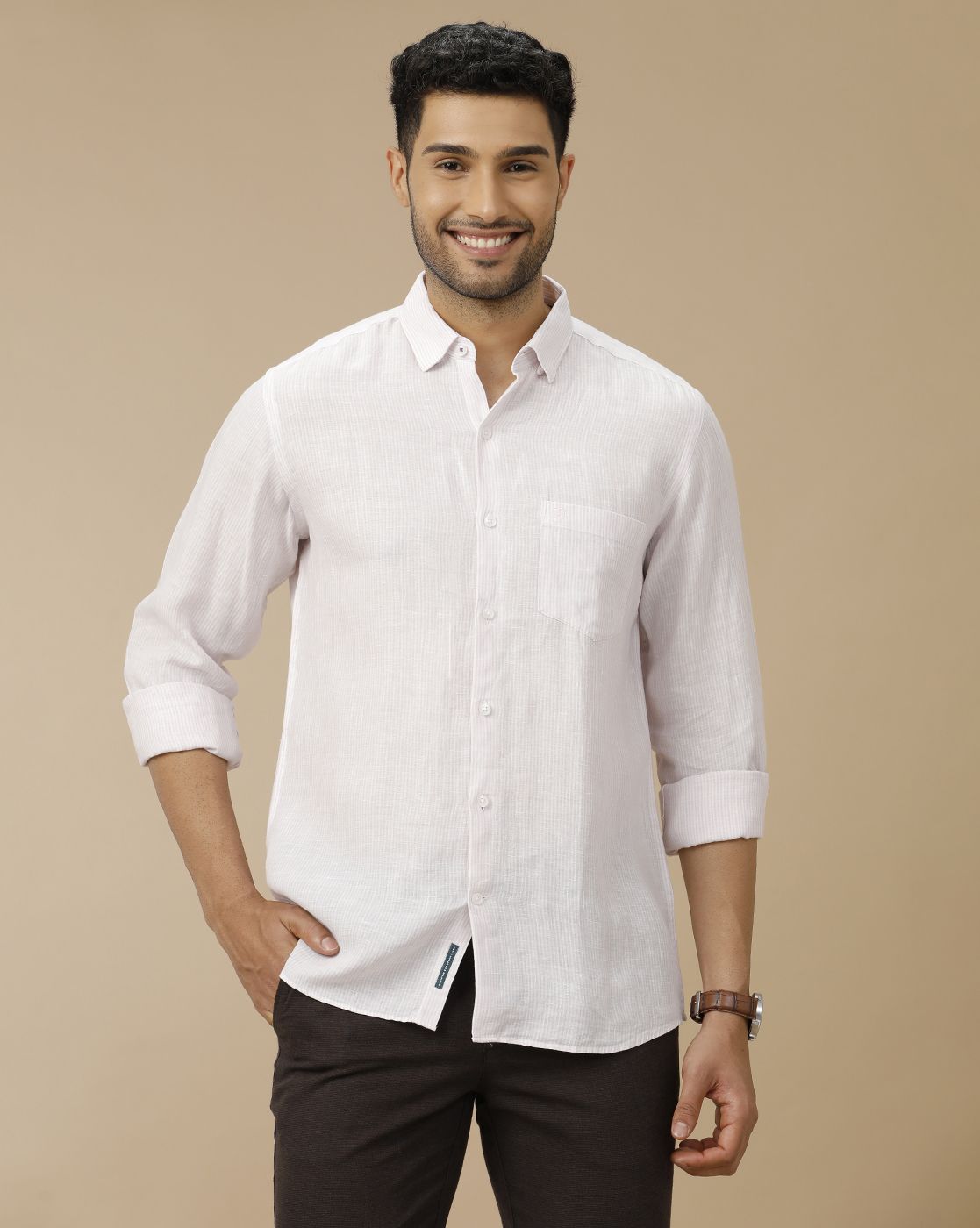 Men's Pure Linen Purple Striped Contemporary Fit Full Sleeve Casual Shirt
