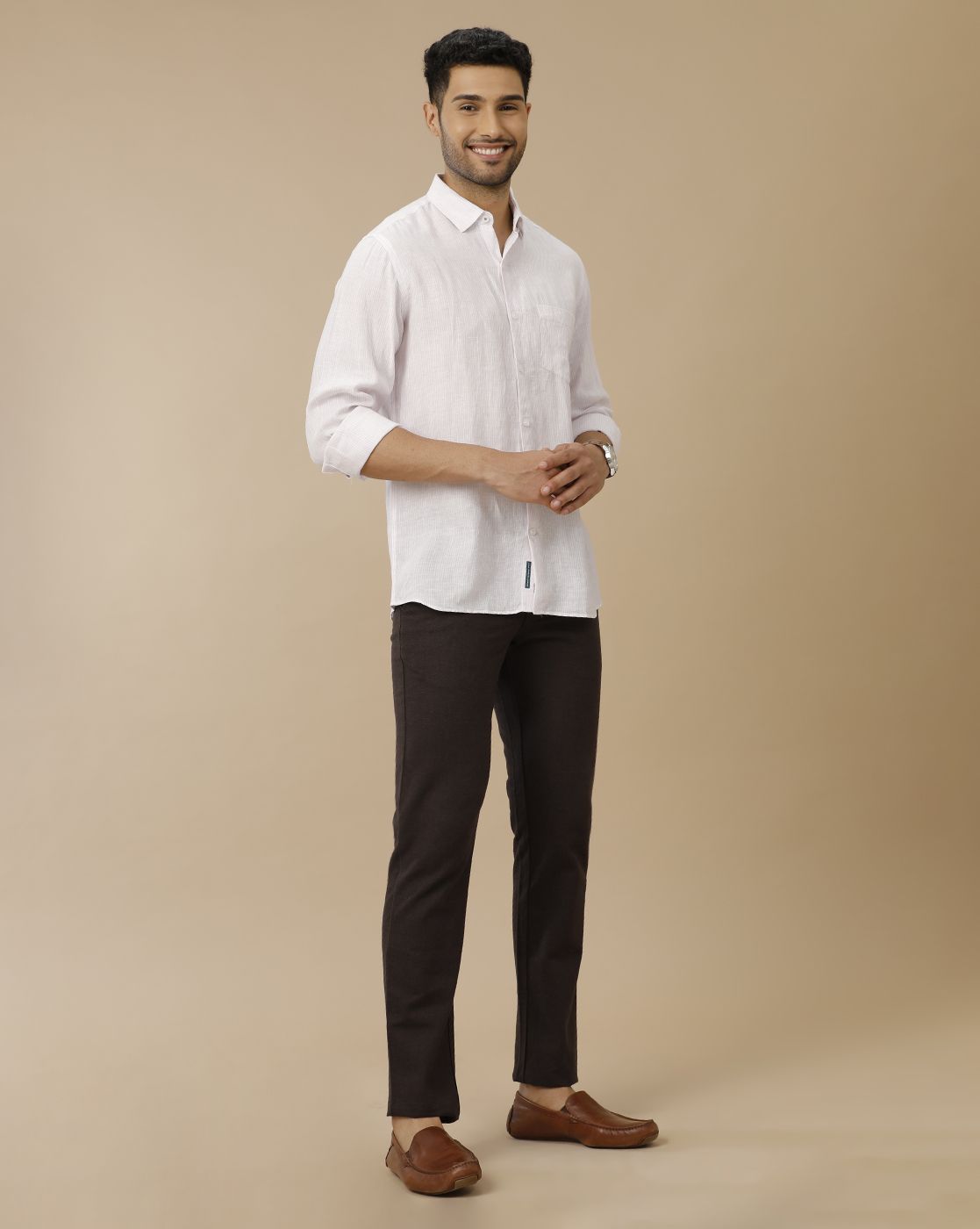 Men's Pure Linen Purple Striped Contemporary Fit Full Sleeve Casual Shirt