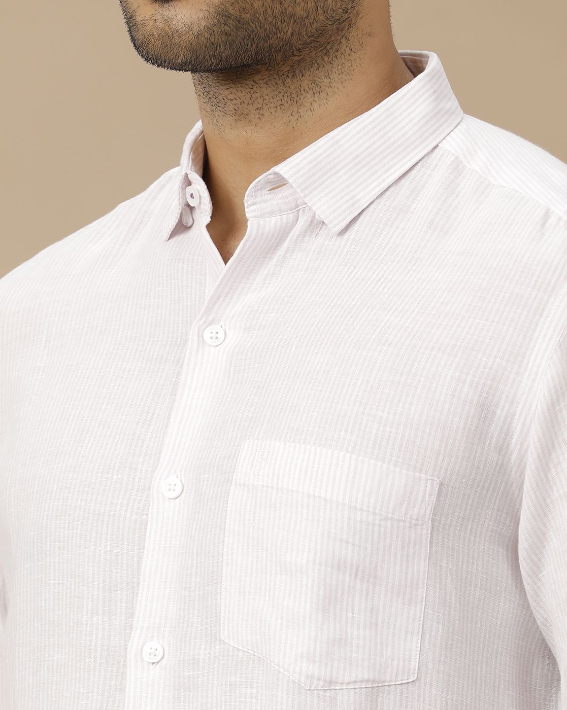 Men's Pure Linen Purple Striped Contemporary Fit Full Sleeve Casual Shirt