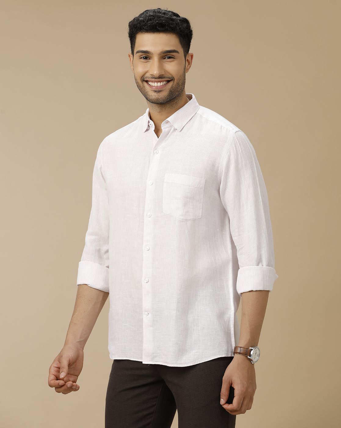 Men's Pure Linen Purple Striped Contemporary Fit Full Sleeve Casual Shirt