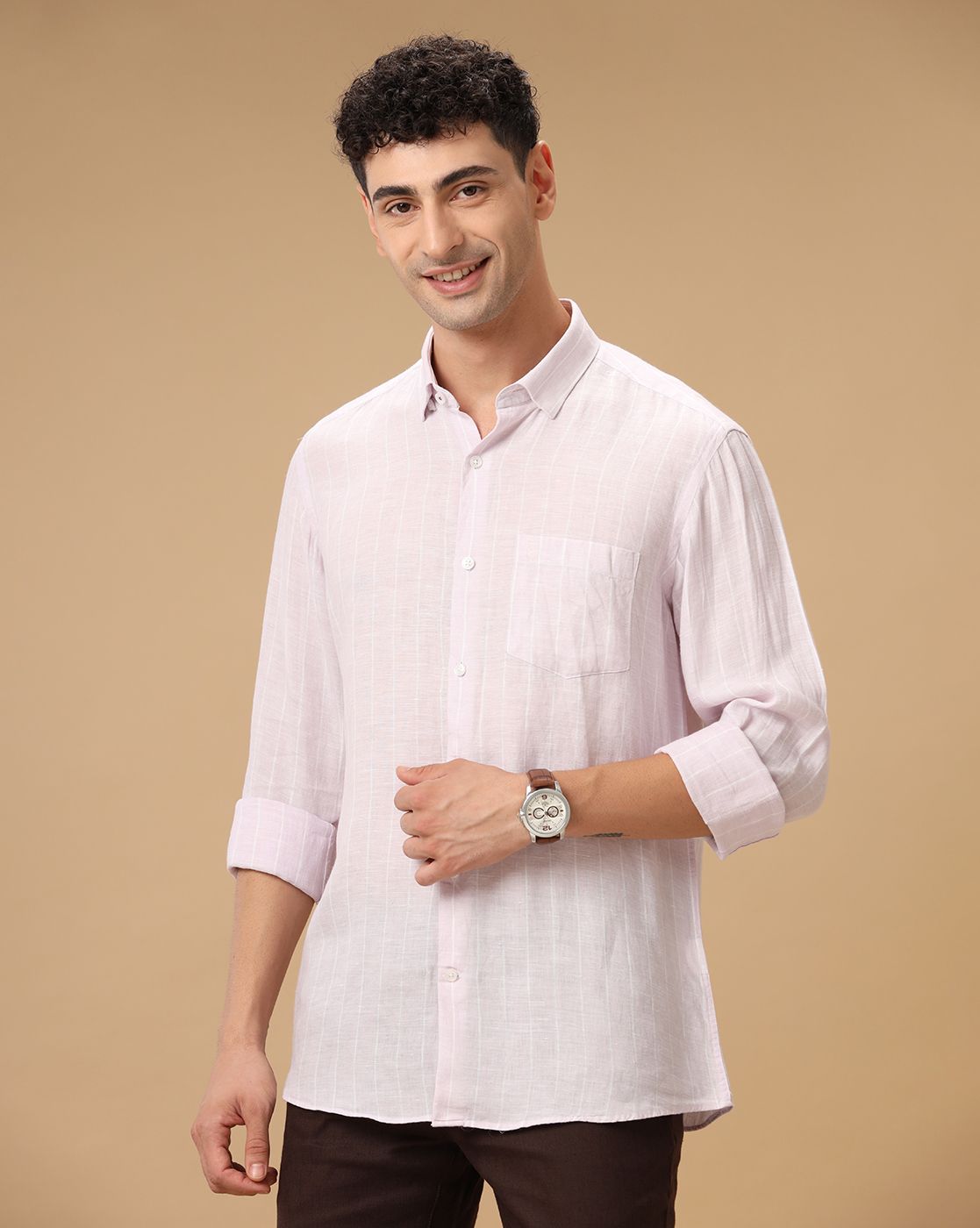 Men's Pure Linen Purple Striped Contemporary Fit Full Sleeve Casual Shirt