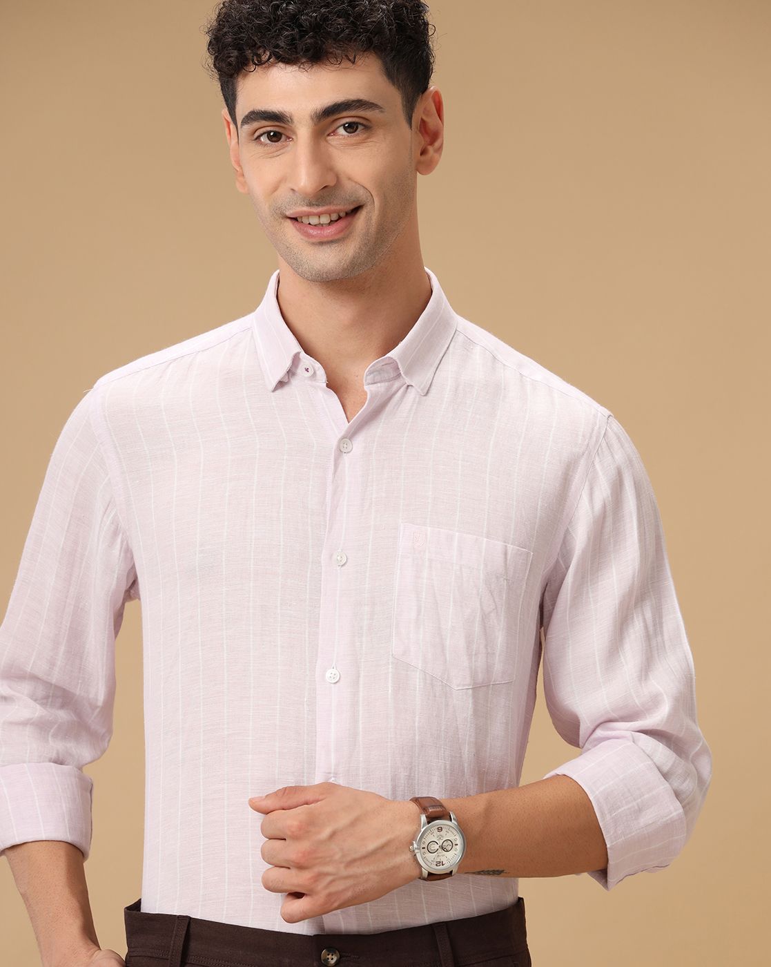 Men's Pure Linen Purple Striped Contemporary Fit Full Sleeve Casual Shirt