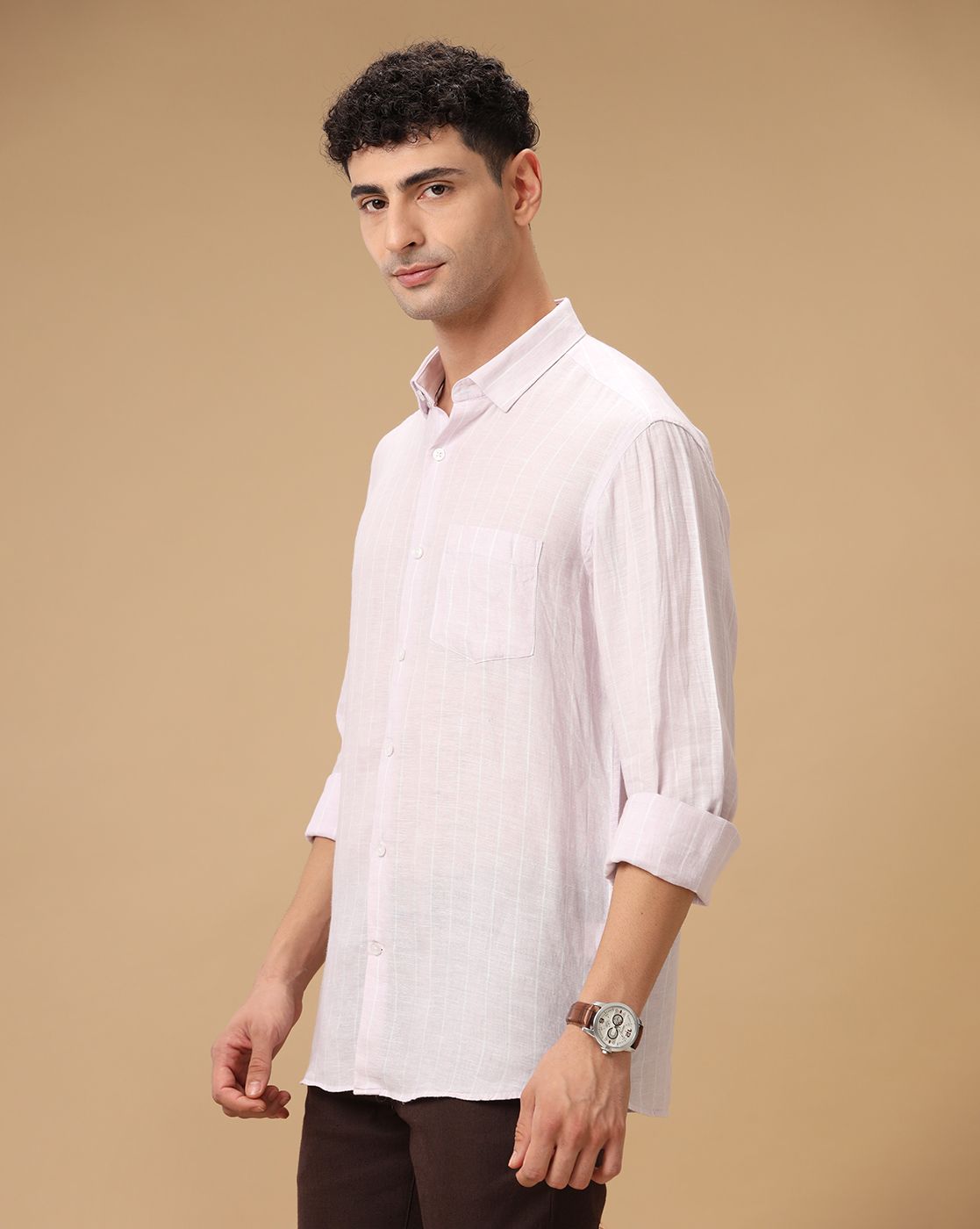 Men's Pure Linen Purple Striped Contemporary Fit Full Sleeve Casual Shirt