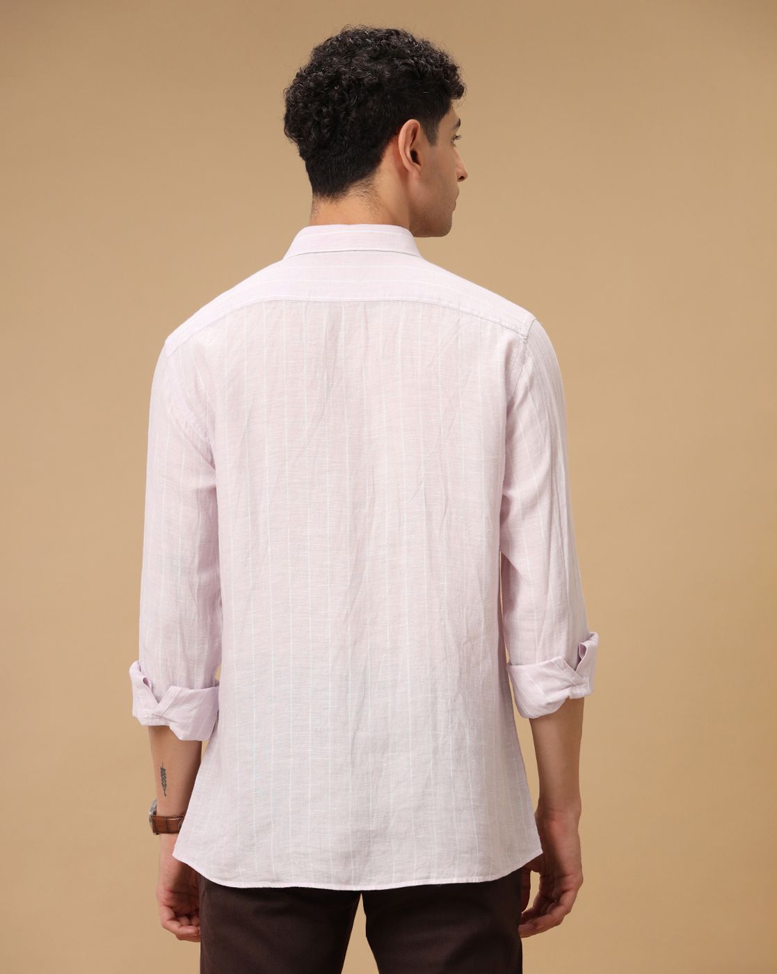 Men's Pure Linen Purple Striped Contemporary Fit Full Sleeve Casual Shirt