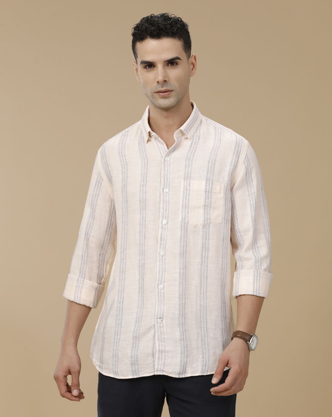 Linen Club Men's Pure Linen Pink Striped Contemporary Fit Full Sleeve Casual Shirt