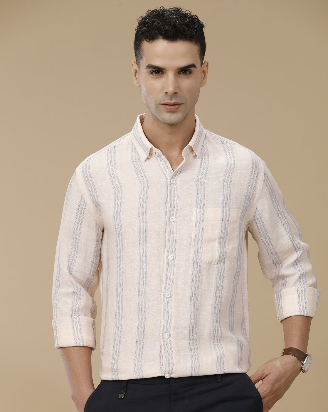 Linen Club Men's Pure Linen Pink Striped Contemporary Fit Full Sleeve Casual Shirt