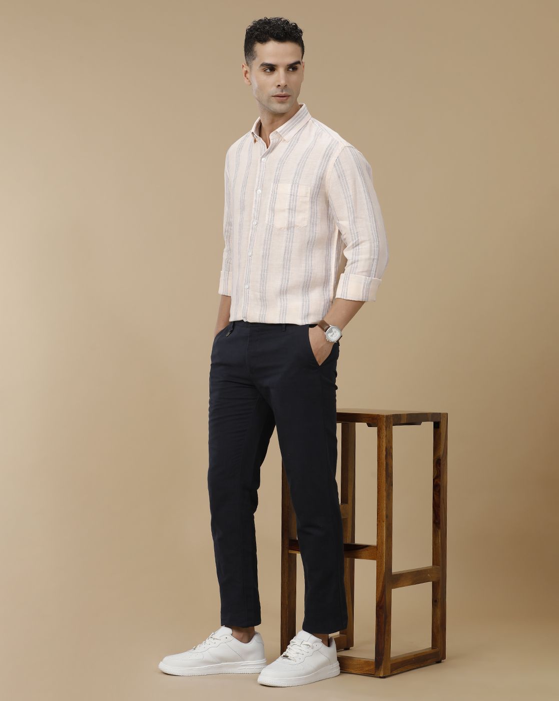 Linen Club Men's Pure Linen Pink Striped Contemporary Fit Full Sleeve Casual Shirt