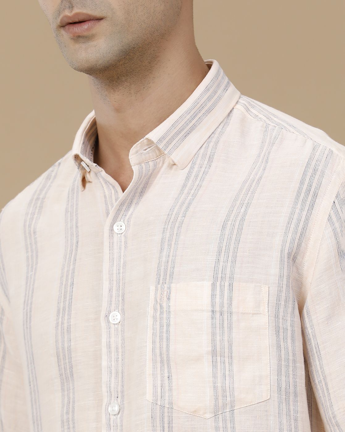 Linen Club Men's Pure Linen Pink Striped Contemporary Fit Full Sleeve Casual Shirt