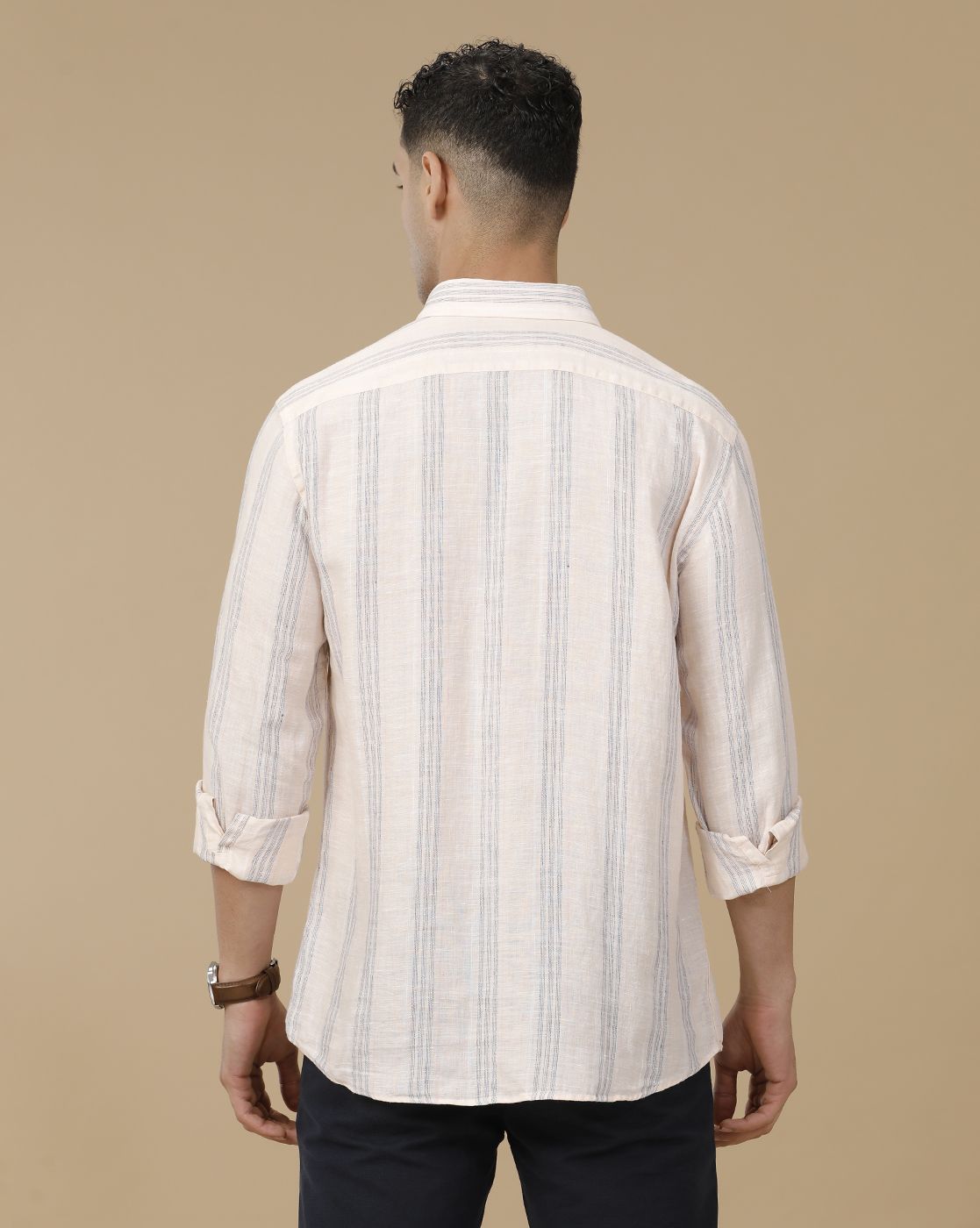 Linen Club Men's Pure Linen Pink Striped Contemporary Fit Full Sleeve Casual Shirt