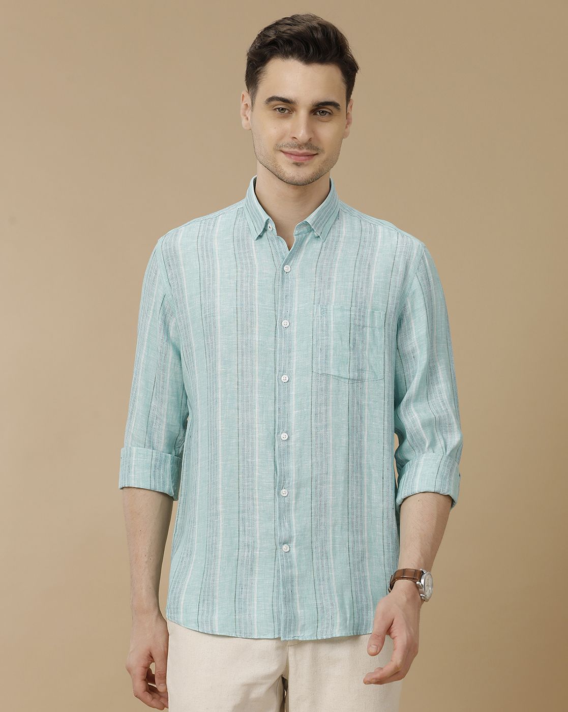 Men's Pure Linen Blue Striped Contemporary Fit Full Sleeve Casual Shirt