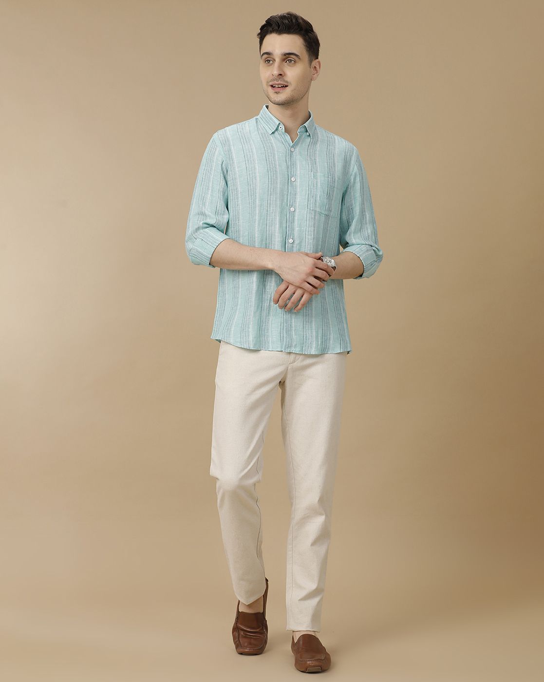 Men's Pure Linen Blue Striped Contemporary Fit Full Sleeve Casual Shirt