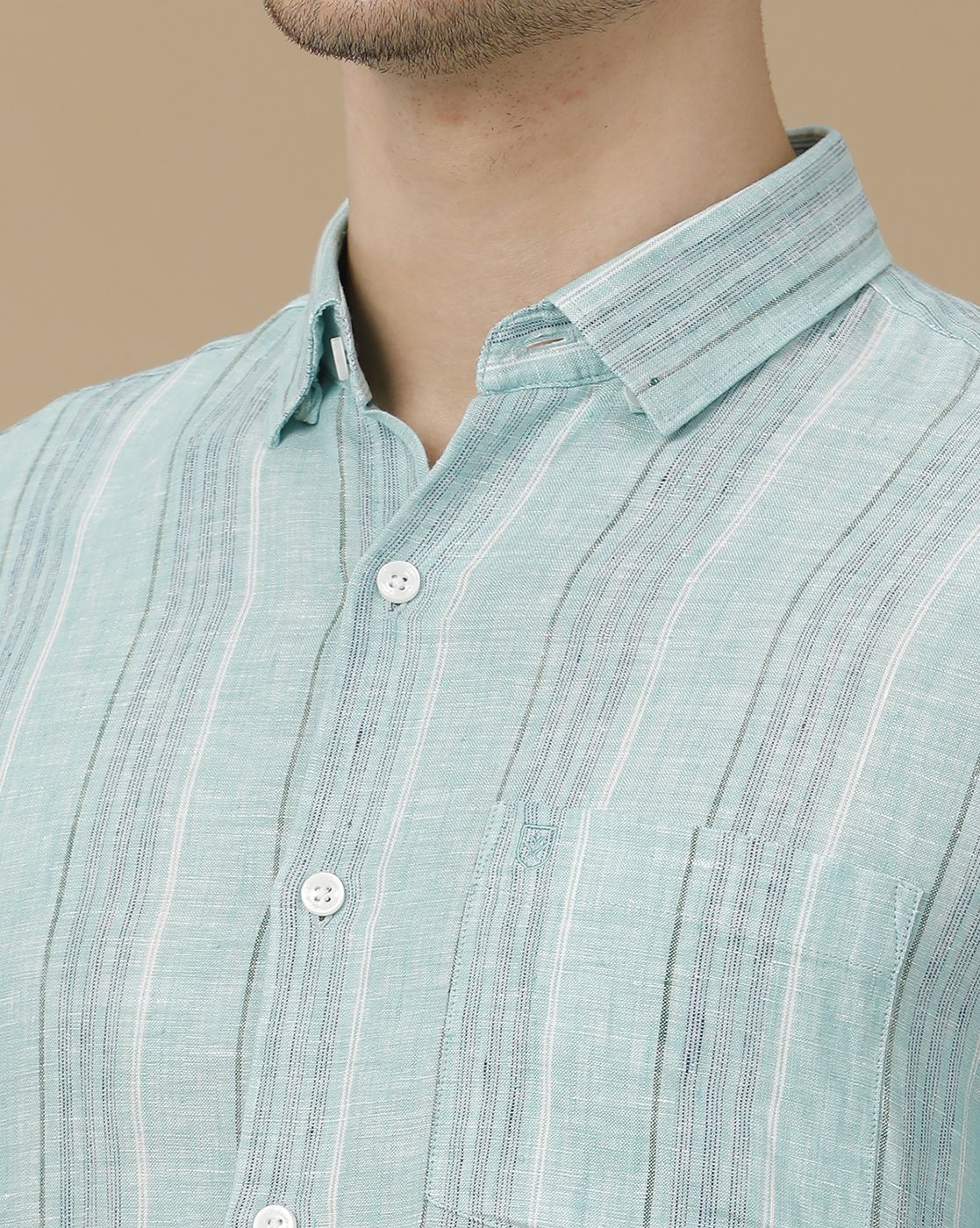 Men's Pure Linen Blue Striped Contemporary Fit Full Sleeve Casual Shirt