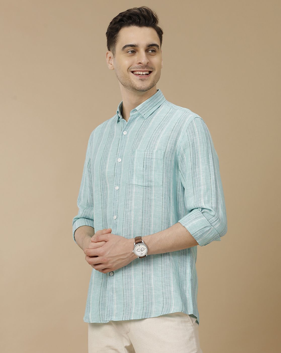Men's Pure Linen Blue Striped Contemporary Fit Full Sleeve Casual Shirt