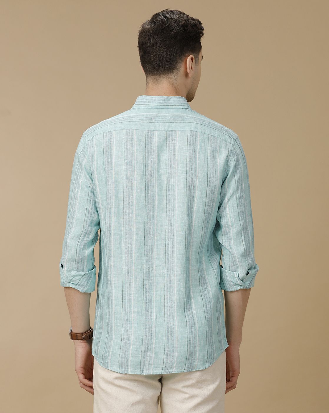 Men's Pure Linen Blue Striped Contemporary Fit Full Sleeve Casual Shirt