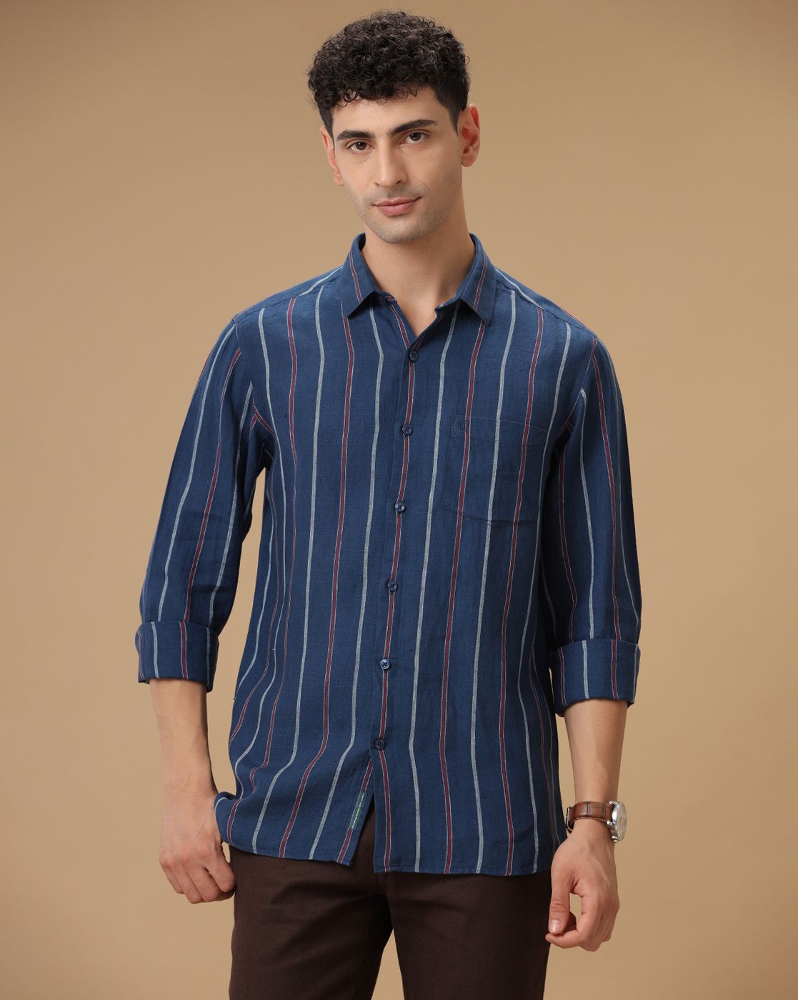 Men's Pure Linen Navy Striped Contemporary Fit Full Sleeve Casual Shirt