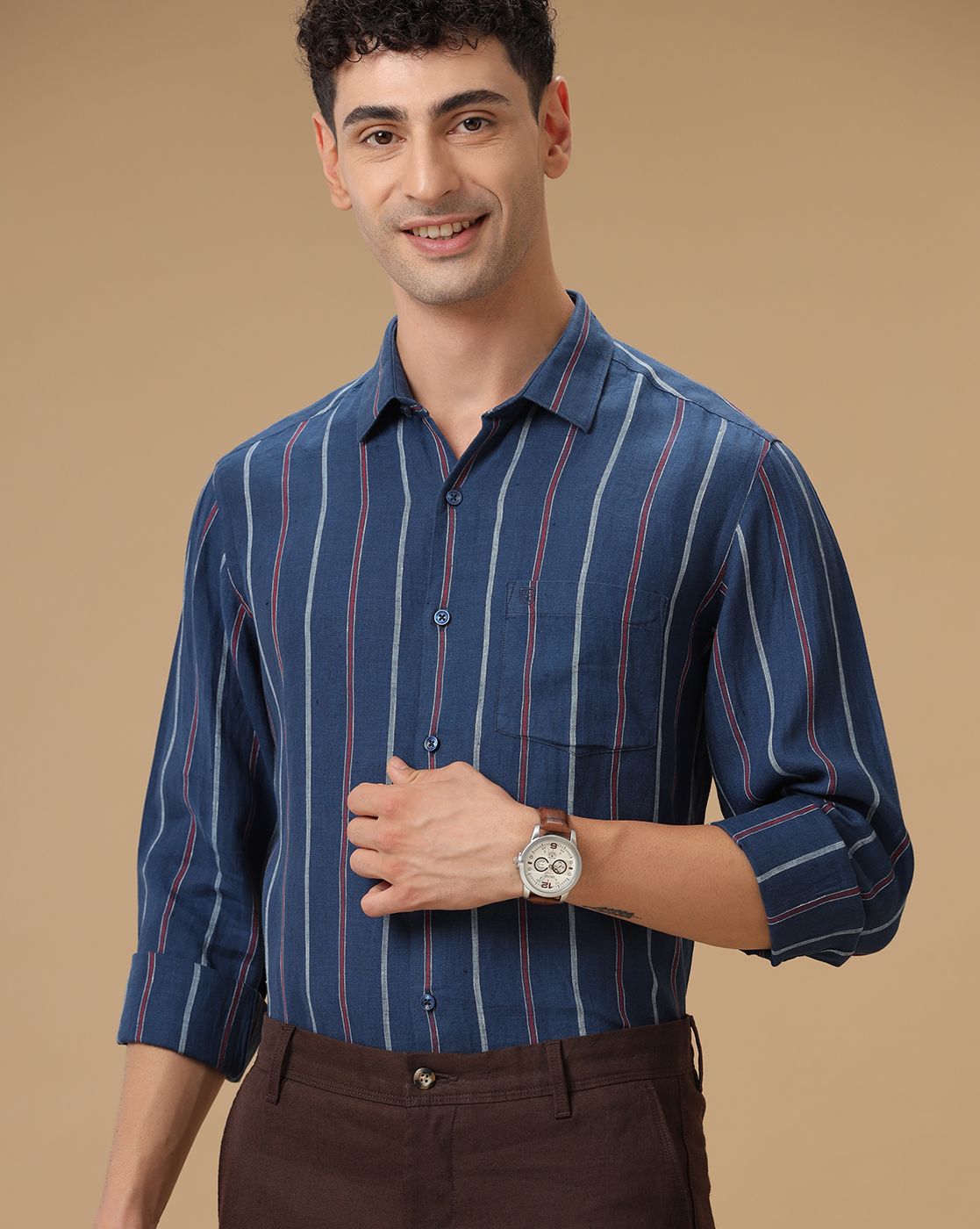 Men's Pure Linen Navy Striped Contemporary Fit Full Sleeve Casual Shirt