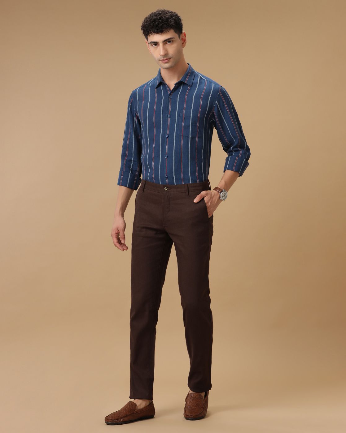 Men's Pure Linen Navy Striped Contemporary Fit Full Sleeve Casual Shirt